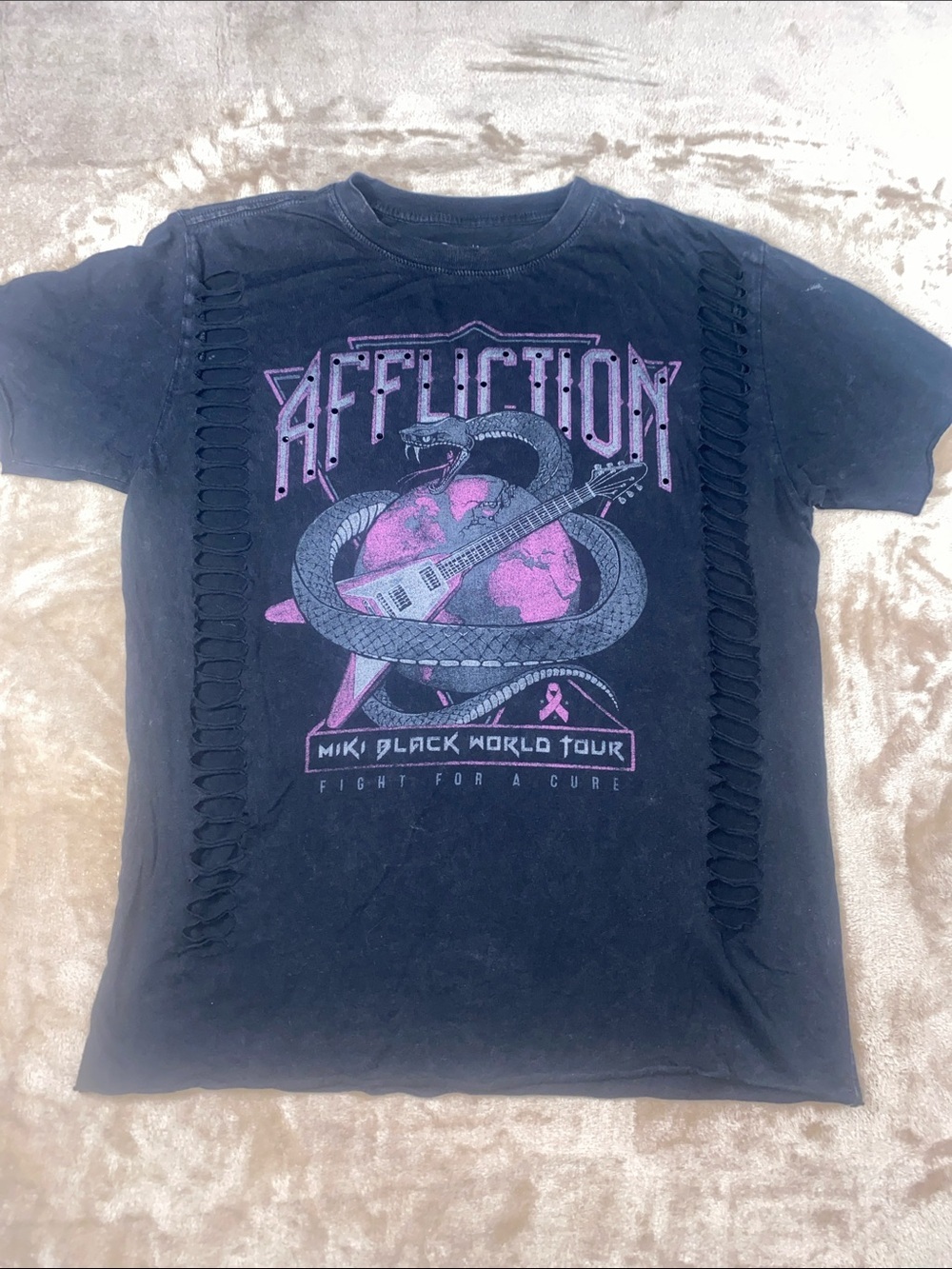 Affliction Black Distressed Tour Graphic Tee with Pink Accents